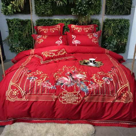 Red New 100s Egyptian Cotton Luxury Embroidery Royal Bedding Set King