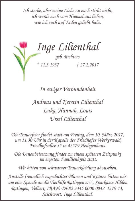 Traueranzeigen Von Inge Lilienthal Trauer In NRW De