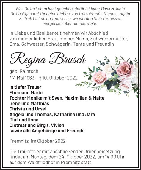 Traueranzeigen Von Regina Brusch M Rkische Onlinezeitung Trauerportal