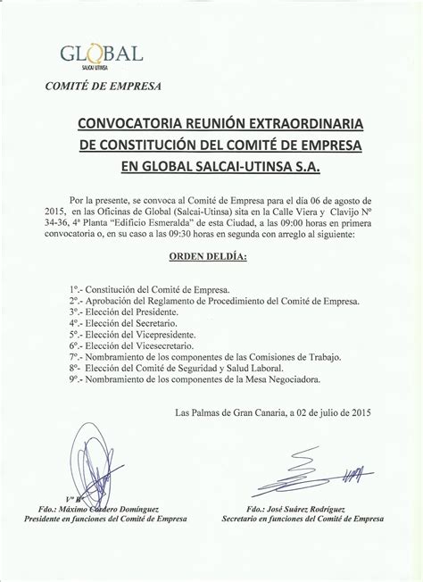 Comité de Empresa Global Salcai Utinsa CONVOCATORIA DE REUNIÓN