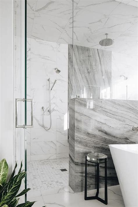 White And Gray Marble Shower With Marble Grid Shower Floor Transitional Bathroom