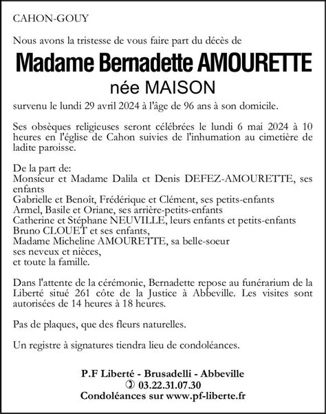 Avis De Décès De Bernadette Amourette Pompes Funèbres Liberté Brusadelli