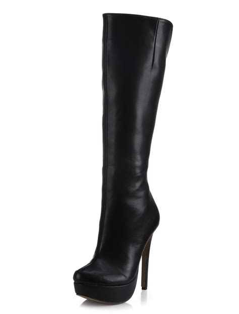 Black Platform Wide Calf Boots Womens Platform Stiletto Heel Knee High