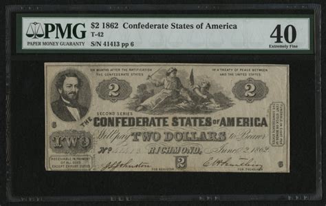 1862 $2 Two Dollar Confederate States of America Richmond CSA Bank Note ...