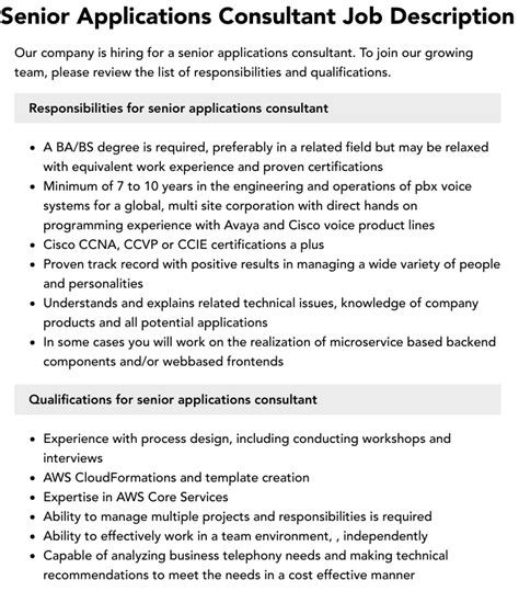 Senior Applications Consultant Job Description Velvet Jobs