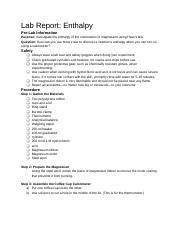 Lab Report Enthalpy Docx Lab Report Enthalpy Pre Lab Information