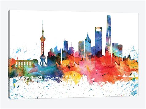 Shanghai Colorful Watercolor Skyline Canvas ... | WallDecorAddict | iCanvas