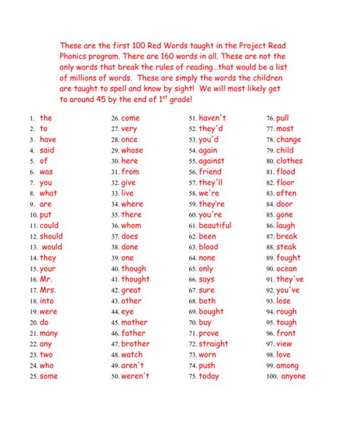 These Are The First 100 Red Words Taught In The Phonics Program