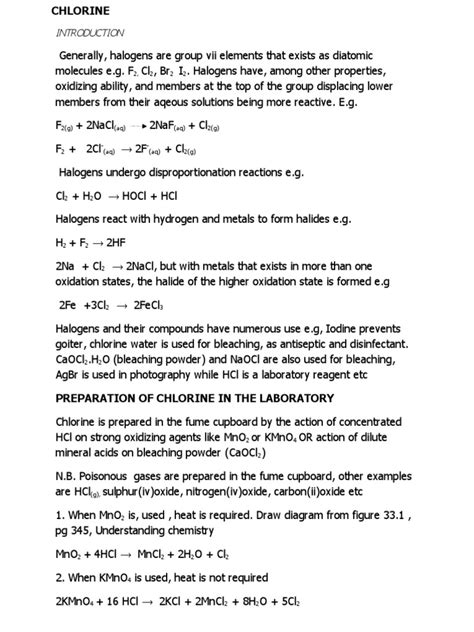 Preparation Of Chlorine In The Laboratory Pdf Chlorine Bleach