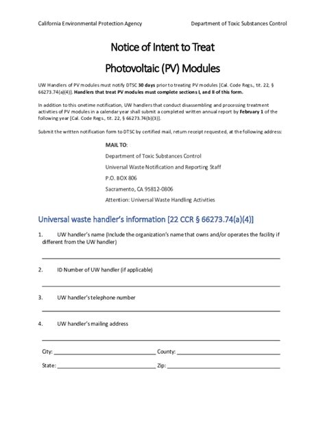 Fillable Online Dtsc Ca Notice Of Intent To Treat Pv Modules