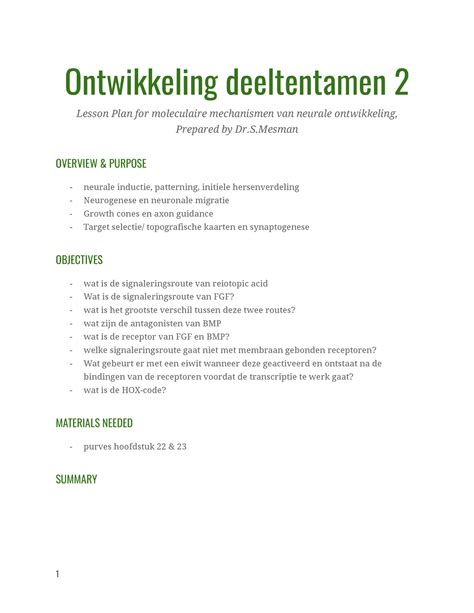 Lesson 20plan Samenvatting Ontwikkeling Deeltentamen 2 Lesson Plan