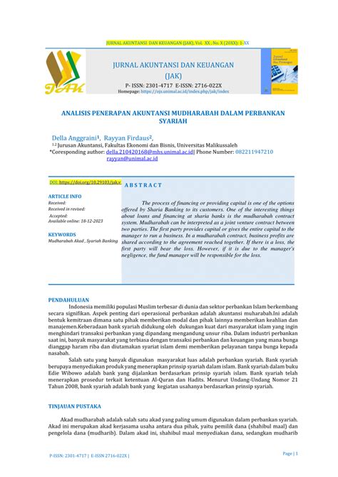 Pdf Analisis Penerapan Akuntansi Mudharabah Dalam Perbankan Syariah