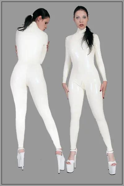 Sexy Unisex Womens White Latex Catsuit Rubber Bodysuits With Front Crotch Zip High Quality