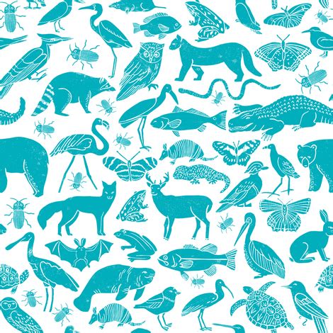 linocut animals // animal fabric teal botanical zoo design fabric ...