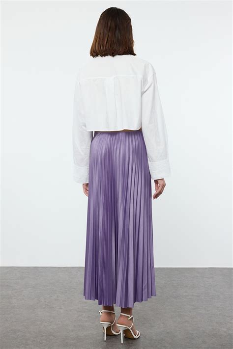 Trendyol Collection Lilac Pleated Maxi Stretchy Knitted Skirt