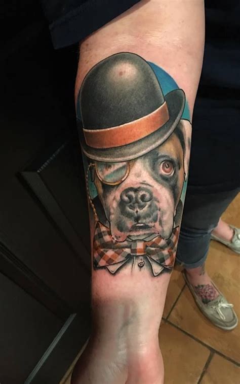 Boxer Tattoo with bowler hat and monocle. Tattoo Artist: David Clarke ...