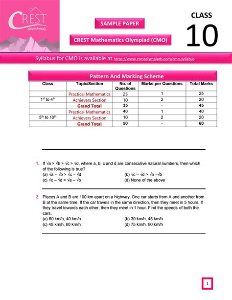 Crest Maths Olympiad Exam Sample Paper For Class 10th By Crest