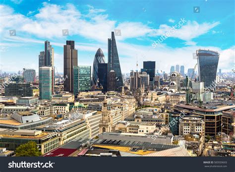 Panoramic Aerial View London Skyscrapers Financial Stock Photo