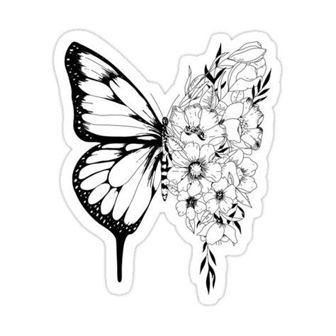 A Black And White Butterfly With Flowers Sticker