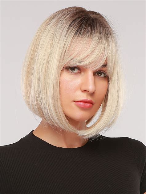 Platinum Blonde With Dark Brown Roots Chin Length Straight Bobs Style