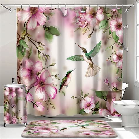 Watercolor Pink Floral Hummingbird Shower Curtain Set High Detail High