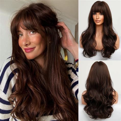 Haircube Long Brown Wig With Bangs Wave Curly Wigs For