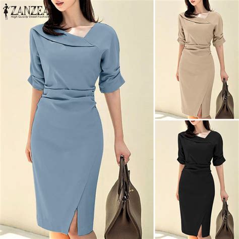 Esolo ZANZEA Korean Style Womens Office OL Short Sleeve V Neck Midi