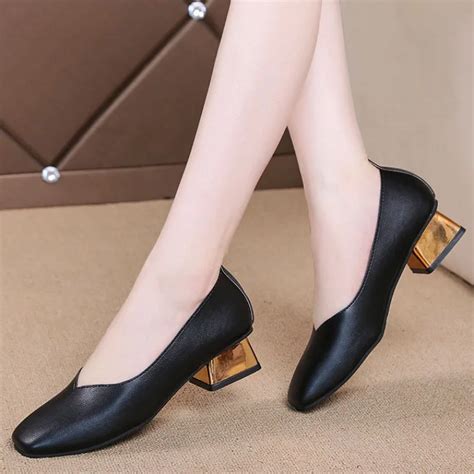 Plus Size 35 42 Women Dress Shoes Medium Heels Woman Shoes Square Toe Pumps Gold Heeled Boat