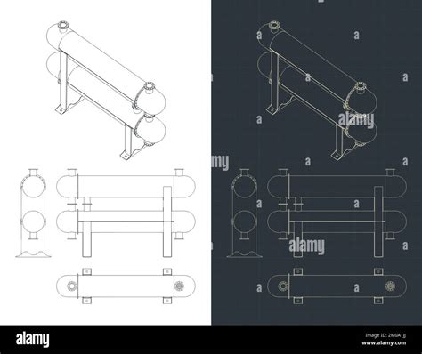 Stylized Vector Illustration Of Blueprints Of Shell And Tube Heat