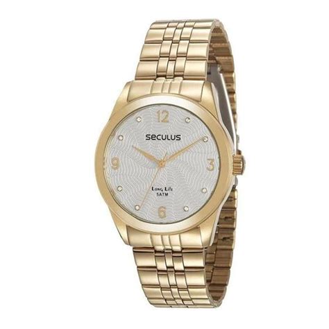 Relógio Feminino Seculus Dourado Todo Aço Original NF Relógio