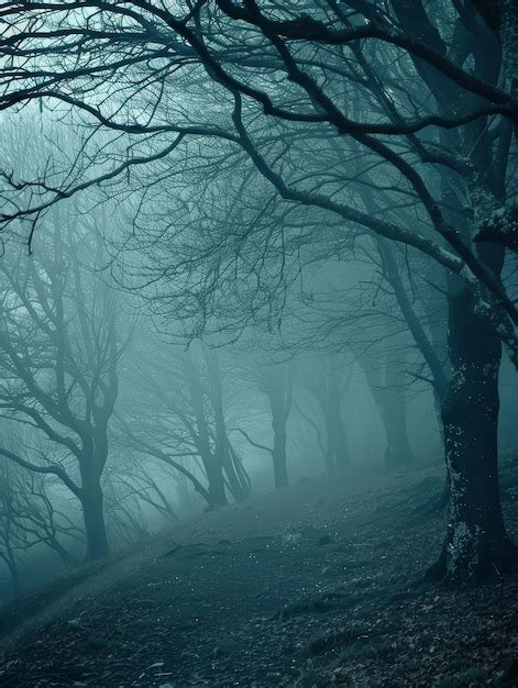 Enchanted Forest A Mystical Path Through Fog A Dense Forest Shrouded In