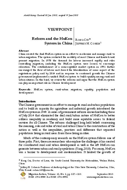 (PDF) Reform and the HuKou System in China | Transnational Press London ...