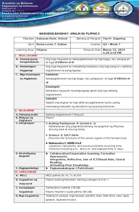 Cot Detailed Lesson Plan Filipino 2 Q3 2023 2024 Masusing Banghay