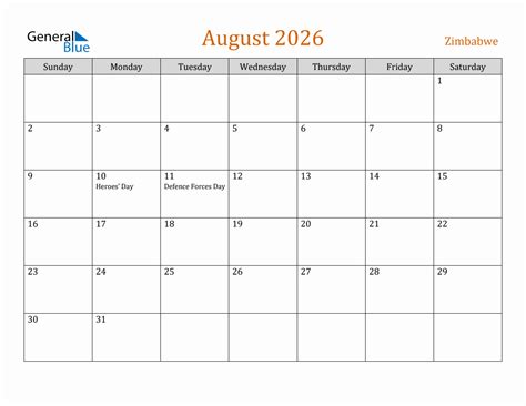 Free August 2026 Zimbabwe Calendar