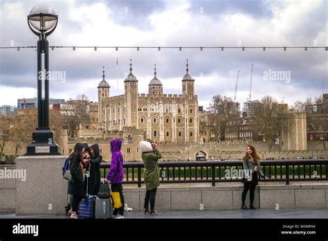 LONDON UK FEB 04 2018 Tourists Near The Tower Of London