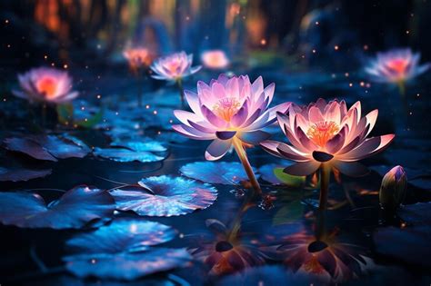 Premium Ai Image Beautiful Glowing Lotus Flowers Float In The Lake