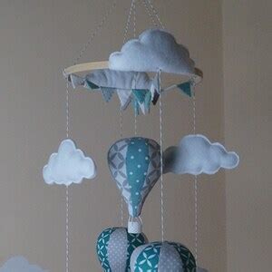 Unisex Hot Air Balloon Nursery Baby Mobile With Bunting Teal And Grey Polka Quatrofoil Etsy