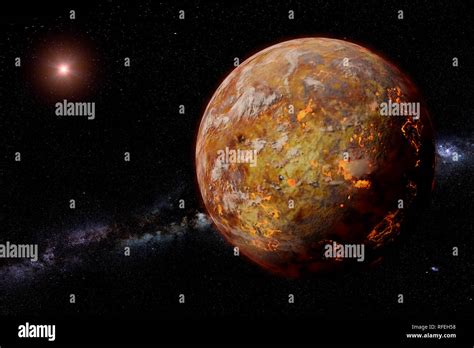 Alien Lava Planet With Moons Lit By A Bright Star And The Milky Way