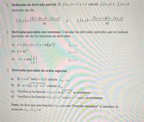 Solved 1 Definición De Derivada Parcial Si Fxyx2yx