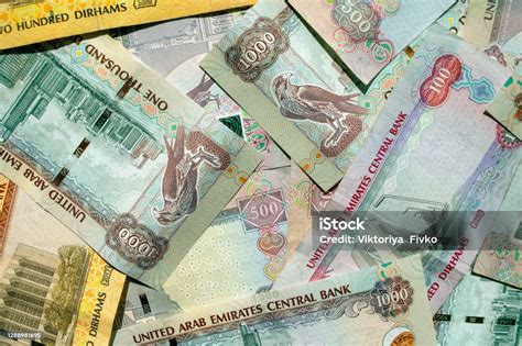 Uae National Currency Top View Of Mixed Dirhams Banknotes Aed Money