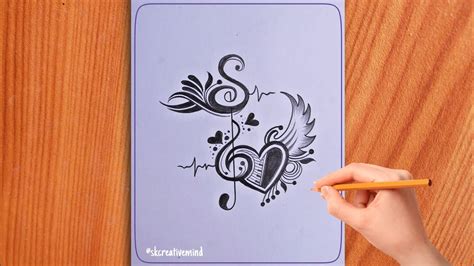 Simple S Letter Drawing With Music Simbol And Flying Heart Best S