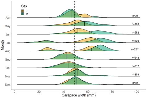 Ridgeline Plot Showing Monthly Size Carapace Width In Mm Density