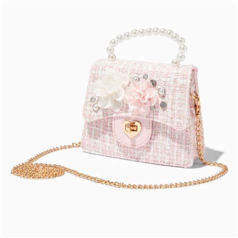 Claire S Club Pink Tweed Pearl Crossbody Bag Claire S