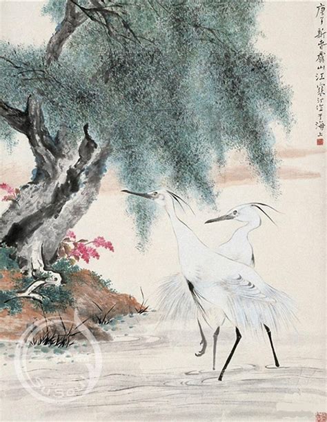 江寒汀 《柳塘双鹭》柳枝芝然斋苏绣艺术品