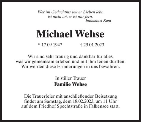 Traueranzeigen Von Michael Wehse Trauer Anzeigen De