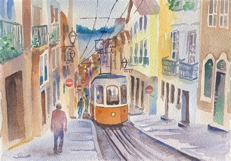 Lisbon Original Watercolour Painting Portugal Art Streets Of Lisbon