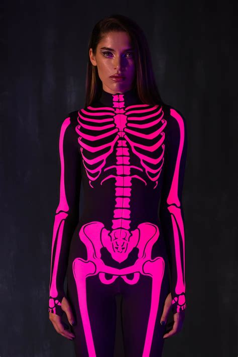 Glow In The Dark Skeleton Bodysuit Halloween Costume Women Pink