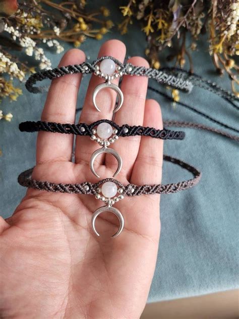 Moonstone Black Macrame Choker Crescent Moon Necklace Bohemian