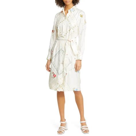 Tory Burch Afternoon Tea Floral Long Sleeve Silk Shirtdress EvaChic