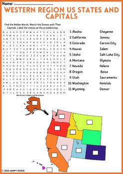 Western Us States And Capitals Word Search Activity Geography Worksheet